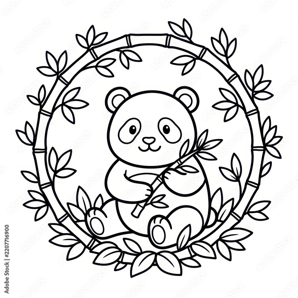 Fototapeta premium Cute panda coloring page with bamboo frame