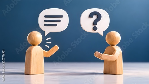 Wooden figures with chat bubbles containing text lines and question mark representing communication dialogue and asking questions