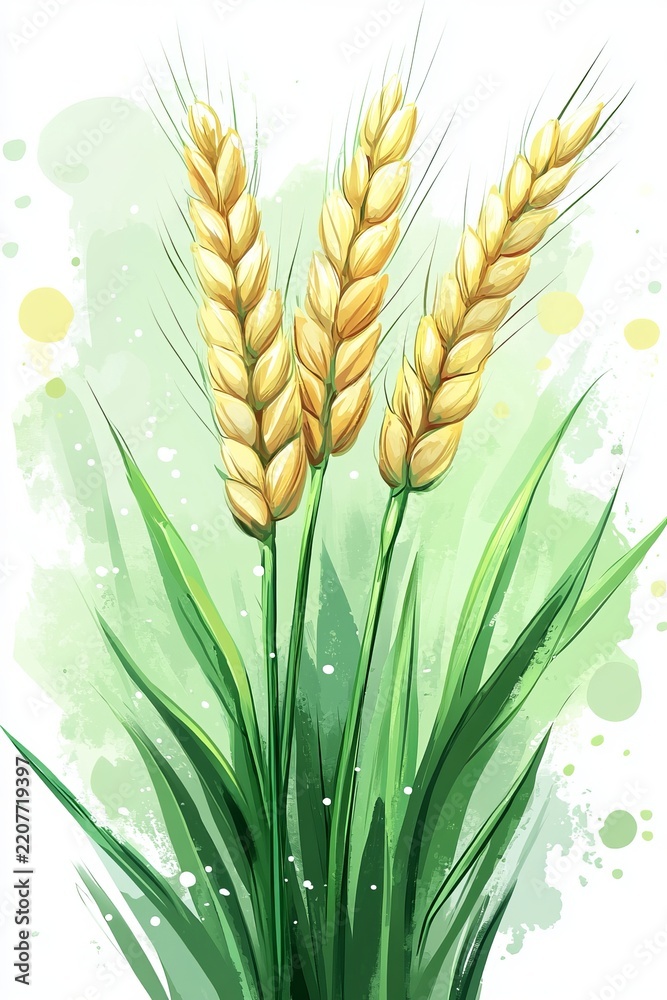 Obraz premium A beautiful delicate illustration of three ripe wheat stalks on a seafoam green watercolor texture.