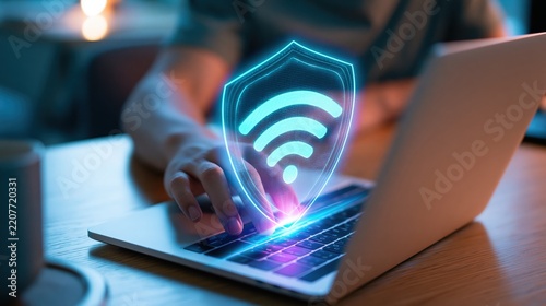 Persons hand interacts with a laptop displaying a glowing digital shield with a wireless symbol inside.