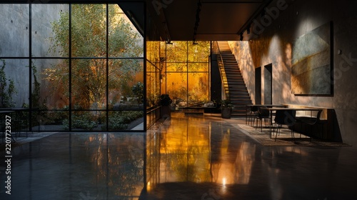 Modern interior design with large windows showcasing nature outdoors during late afternoon