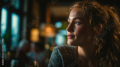 Woman gazes thoughtfully while sitting in a cafe during evening hours with warm lighting and blurred background activity