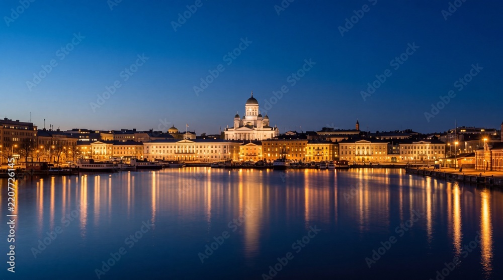Obraz premium Helsinki waterfront skyline at blue hour with the cathedral