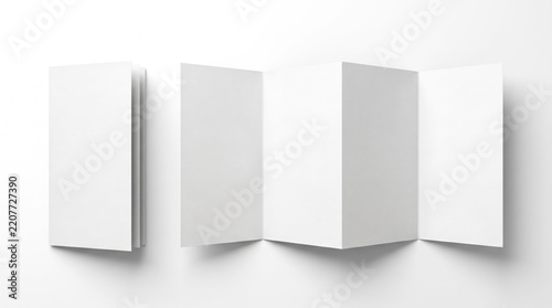 Blank accordion fold brochure mockup, minimalist white paper pamphlet template, folded flyer display isolated on white background for design branding presentation