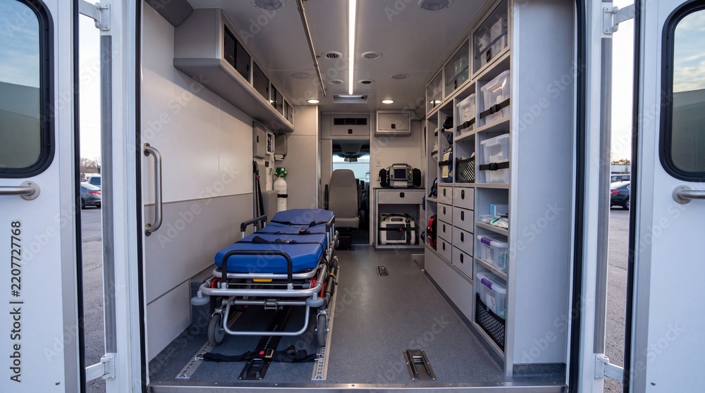 Obraz premium Inside an empty ambulance with stretcher and equipment