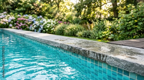 Luxurious backyard swimming pool with crystal clear blue water stone coping edge and lush green garden landscaping during a sunny summer day