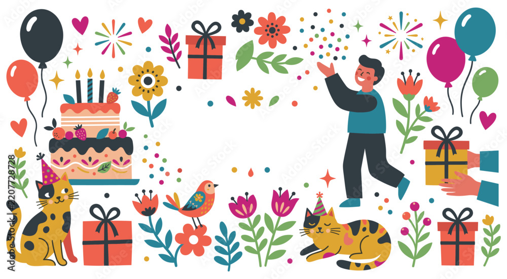 Fototapeta premium Colorful birthday party illustration with cats and cake.