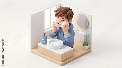 Cute young man washing face with soap foam in bathroom isometric miniature room