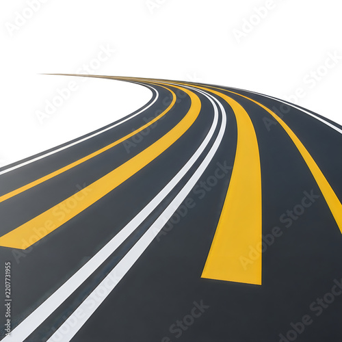 Curved racing track with yellow lane divider