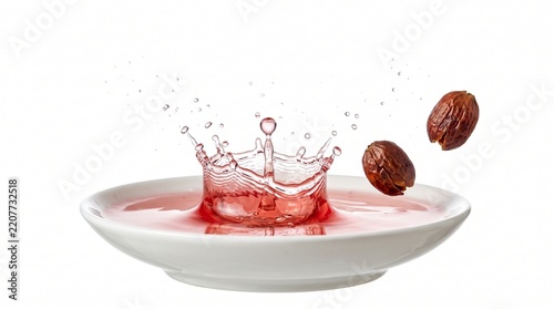 Vibrant pink liquid crown splash captures dynamic motion inside a ceramic bowl with hovering botanical ingredients