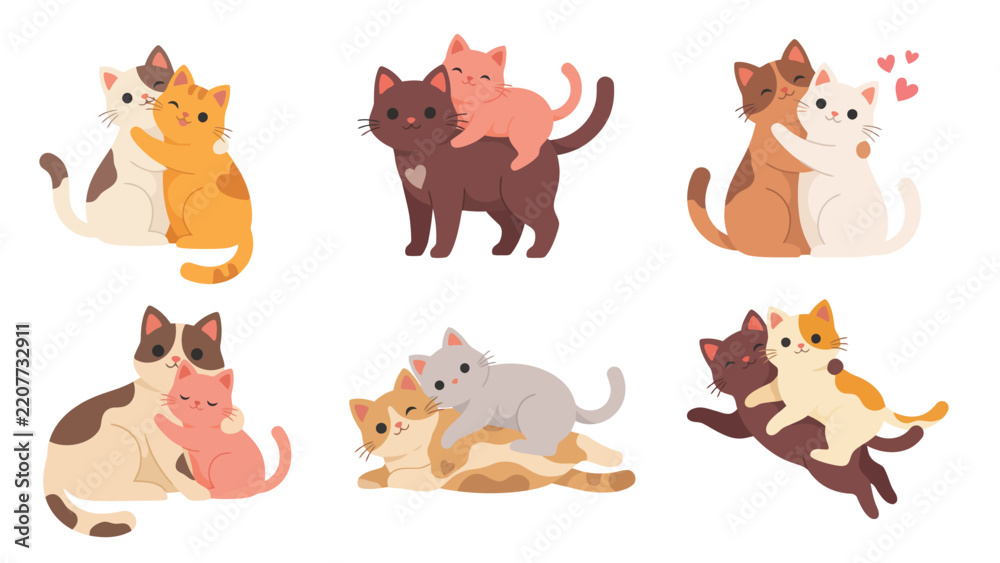 Fototapeta premium Cute cartoon cats and kittens hugging in pairs vector sticker set