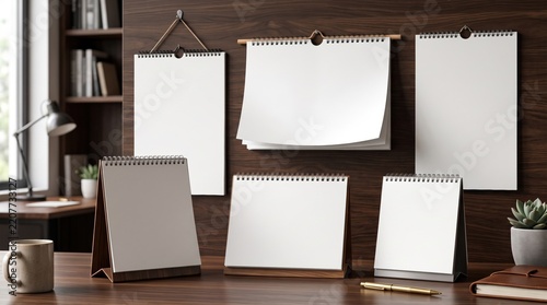 Blank calendar mockup set on dark wood wall, realistic spiral desk and wall paper calendar templates, professional office branding display context