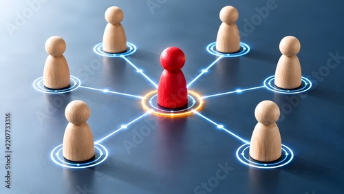 Network Connection and Leadership Concept with Red Wooden Figure Connected to Others Representing Teamwork