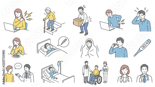 Comprehensive vector illustration set featuring various medical conditions, patients, and healthcare professionals