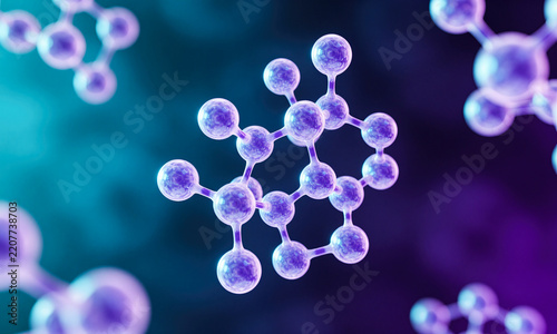 Detailed 3D rendered purple molecular structure featuring connected spheres glowing softly against abstract dark blue blurred background symbolizing scientific chemical research