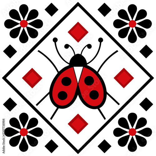 Red Ladybug with Floral Geometric Ornament, Decorative Insect and Flower Design, Editable Vector Isolated on Transparent Background