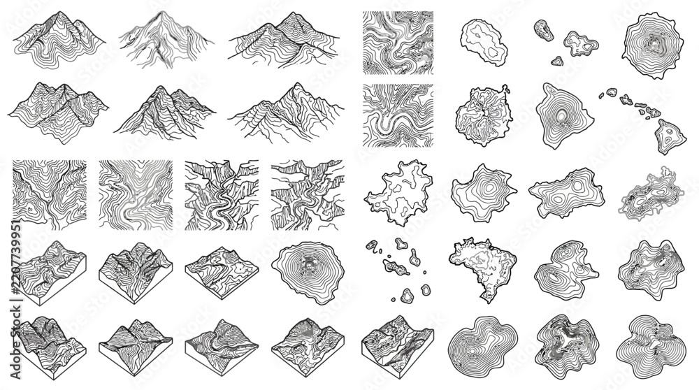Obraz premium Detailed Topographic Map Illustrations Featuring Various Mountain Ranges Landmasses and Geological Terrain Contour Lines