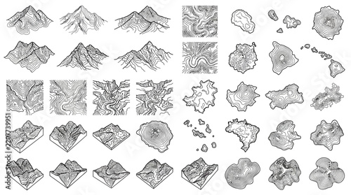 Detailed Topographic Map Illustrations Featuring Various Mountain Ranges Landmasses and Geological Terrain Contour Lines