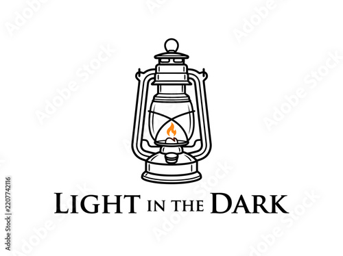 Minimalist illustration of a vintage kerosene lantern with a glowing flame icon.