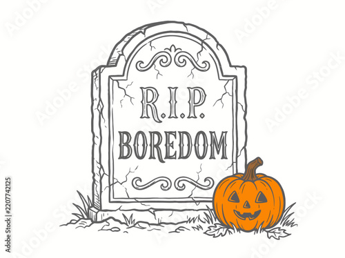 A spooky Halloween tombstone illustration with a carved pumpkin and the text RIP Boredom.