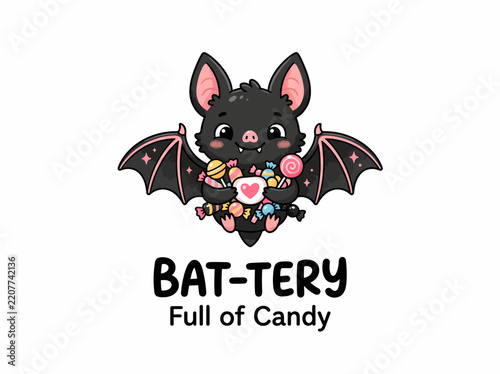Cute cartoon bat character holding a pile of colorful candies with text.