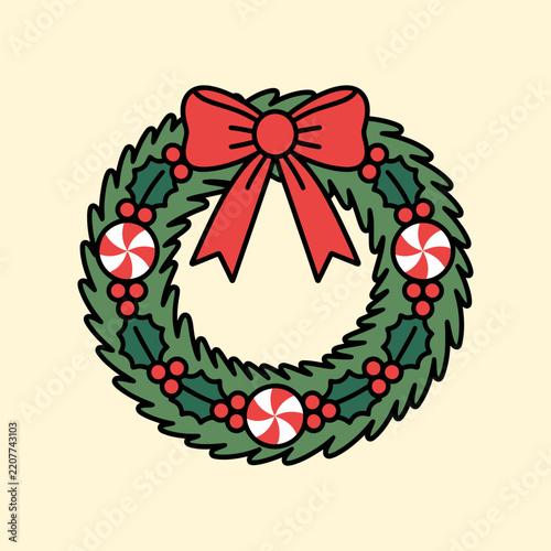 Cute Christmas Wreath with Peppermint Candies and Red Bow Illustration