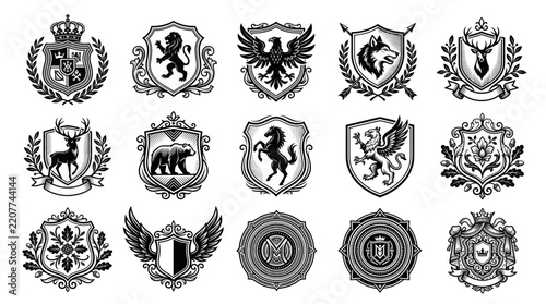 Heraldic Crest Logo Set Featuring Royal Coat of Arms Shields with Animals Like Lion Eagle Wolf and Bear in Classic Black and White Engraving Style for Corporate Identity and Branding.