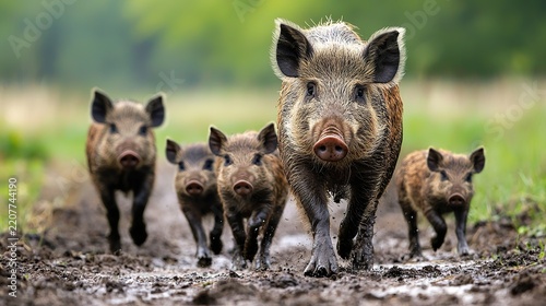 Wild boar family crossing a muddy field