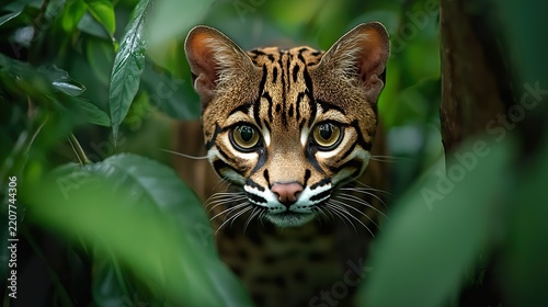 Wild cat stealthily moving through dense jungle undergrowth