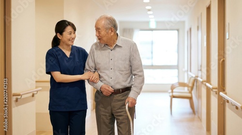 Caring nurse assisting elderly senior man walking down a bright hospital corridor holding his arm and providing supportive medical care assistance
