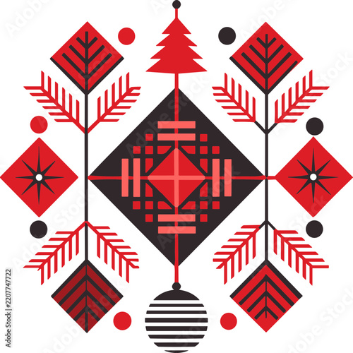Geometric Christmas Tree and Ornament Composition with Festive Branches and Baubles, Editable Vector Isolated on Transparent Background