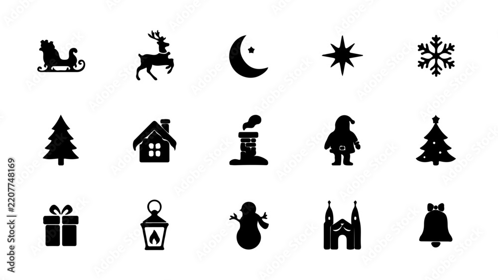 Fototapeta premium Black and white holiday symbols arranged in decorative grid pattern