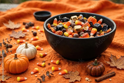 A Bowl of Halloween Candy and Mini Pumpkins on an Orange Blanket.