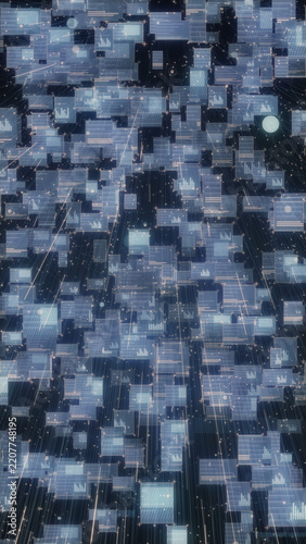 Dense swarm of translucent dashboard panels with bar charts drifts through space among light streaks, a vertical 4K background for business analytics and finance content.
