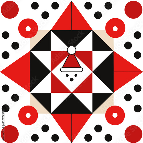 Geometric Christmas Pattern with Santa Hat, Red Black Holiday Ornament and Festive Shapes, Editable Vector Isolated on Transparent Background