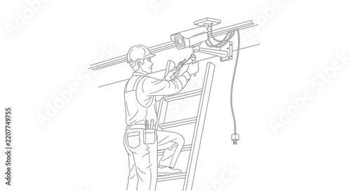 Technician installing security camera on ladder, illustration