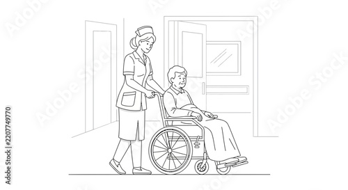 Nurse Pushing Patient in Wheelchair, Healthcare Assistance, Hospital Corridor