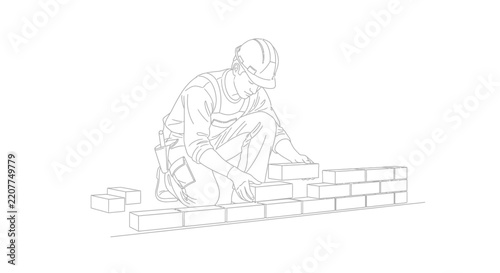 Construction Worker Laying Bricks - Line Art Illustration