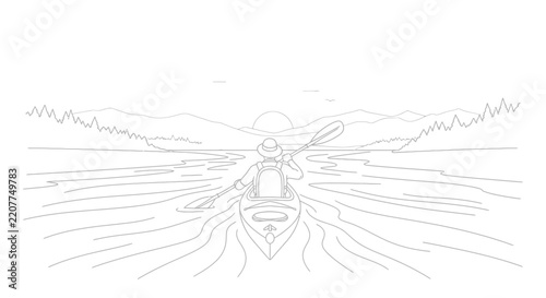 Kayaker Paddling on River Towards Mountains at Sunrise, Scenic Landscape Line Art