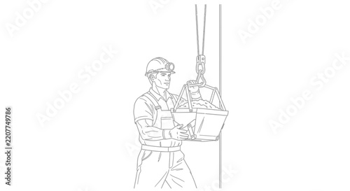 Miner with Bucket, Overhead Crane Lifting Equipment, Construction Worker