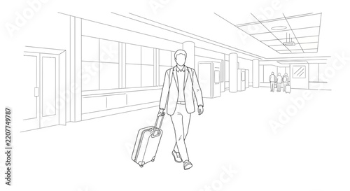Man with Suitcase Walking in Modern Airport Terminal, Line Art Illustration