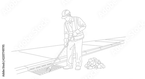 Construction worker cleaning storm drain with shovel, outdoor scene, line art illustration