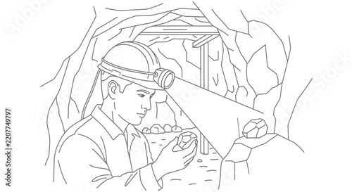 Miner Examining Ore in Dark Mine Tunnel with Headlamp Light
