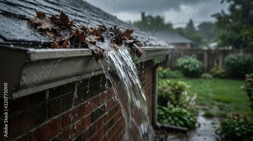 Clogged rain gutter overflowing with water and fallen autumn leaves during a heavy storm causing property damage and drainage problems exterior view