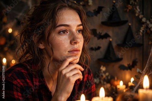 Young Woman Contemplating in a Mystical Halloween Ambiance with Candles and Witch Hats.