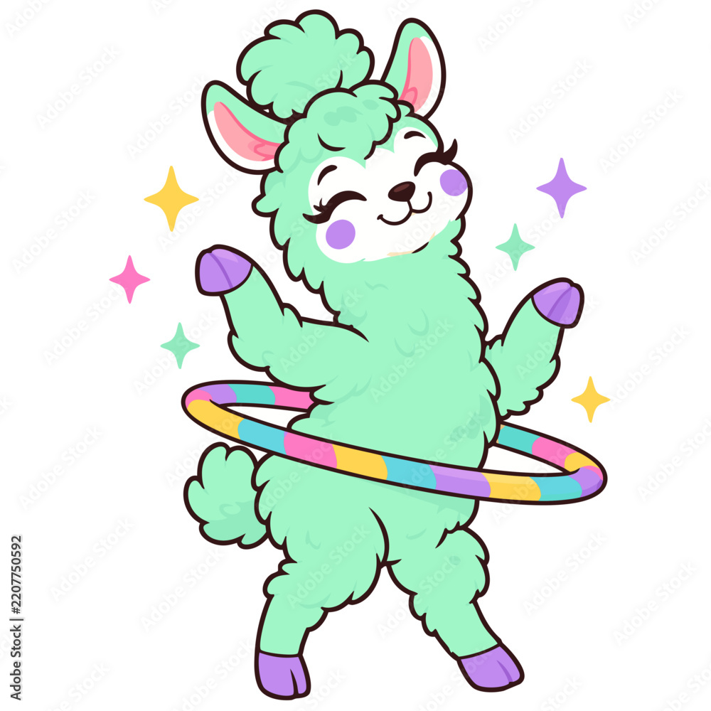 Obraz premium Mint green llama hula hooping with a tie dye hoop, cute cartoon vector character with sparkles