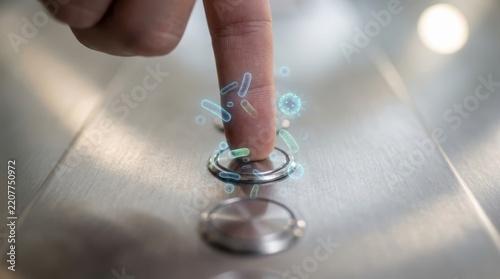 Close up of a human finger pressing a metallic elevator button surrounded by glowing microscopic bacteria and germs symbolizing daily hygiene risks
