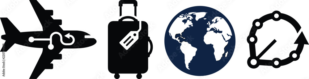 Fototapeta premium Travel and tourism minimalist vector illustration featuring airplane, luggage, globe, and route navigation map