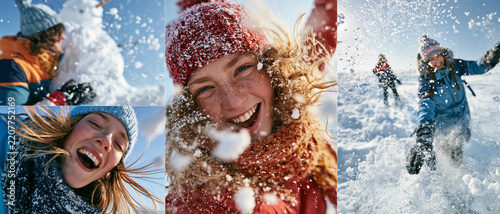 A vibrant collage capturing the joy of winter activities. Featuring people laughing, playing in the snow, and building a snowman, it evokes a sense of fun and camaraderie during the colder months