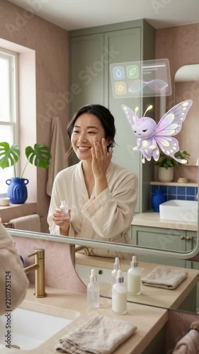 Woman applying skincare with an AI beauty assistant